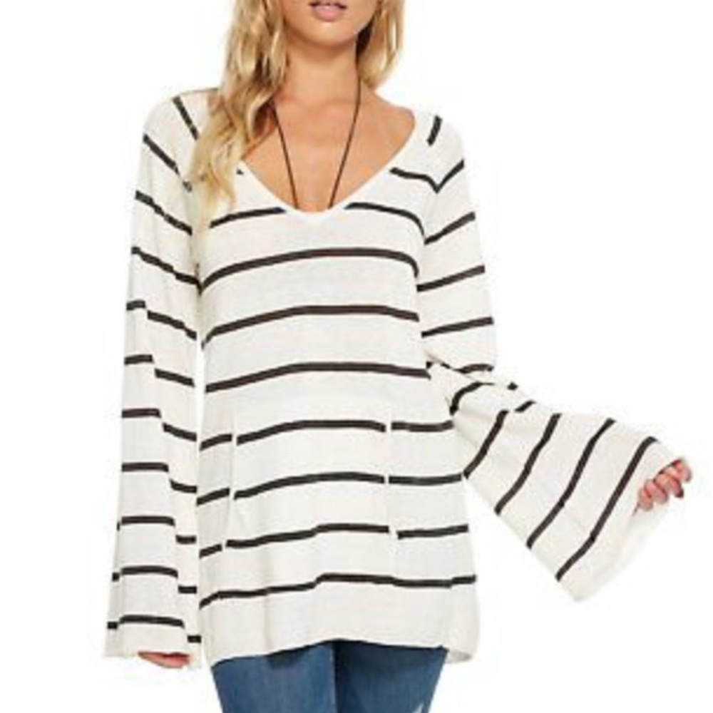 CHASER WHITE + BLACK STRIPED BELL SLEEVE SWEATER